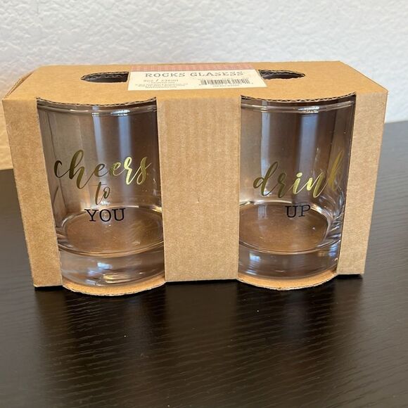New Set of Two Rocks Glasses "Cheers to You" and "Drink Up" ~ 8 Ounces Each - Picture 3 of 3